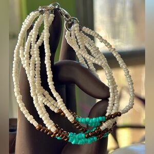 Six Strand Beaded Bracelet of White, Aqua, & Bronze, Lobster Clasp